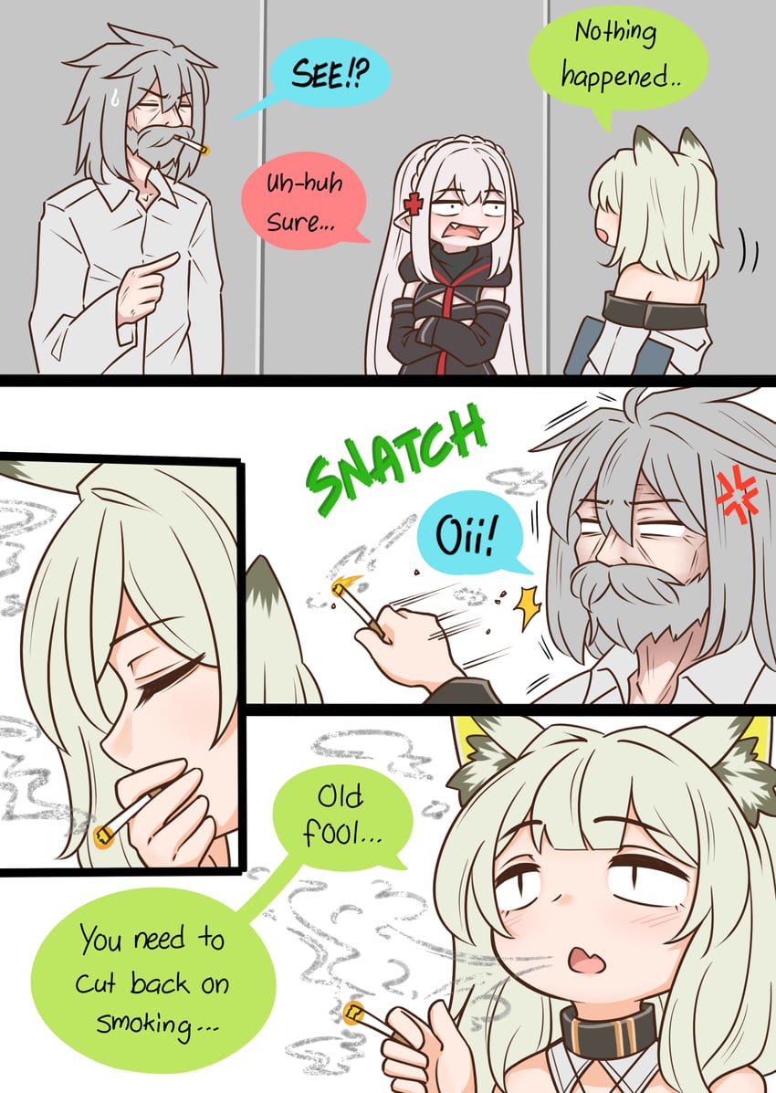 doctor, kal'tsit, male doctor, warfarin, and old man (arknights) drawn by guin_guin