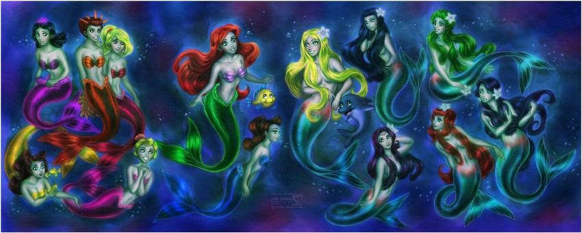 ariel, flounder, arista, adella, attina, and 6 more (disney and 2 more) drawn by daekazu