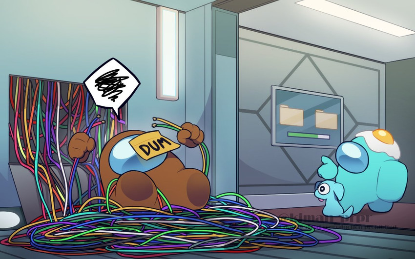 crewmate, cyan, brown, and doggy (among us) drawn by kiman