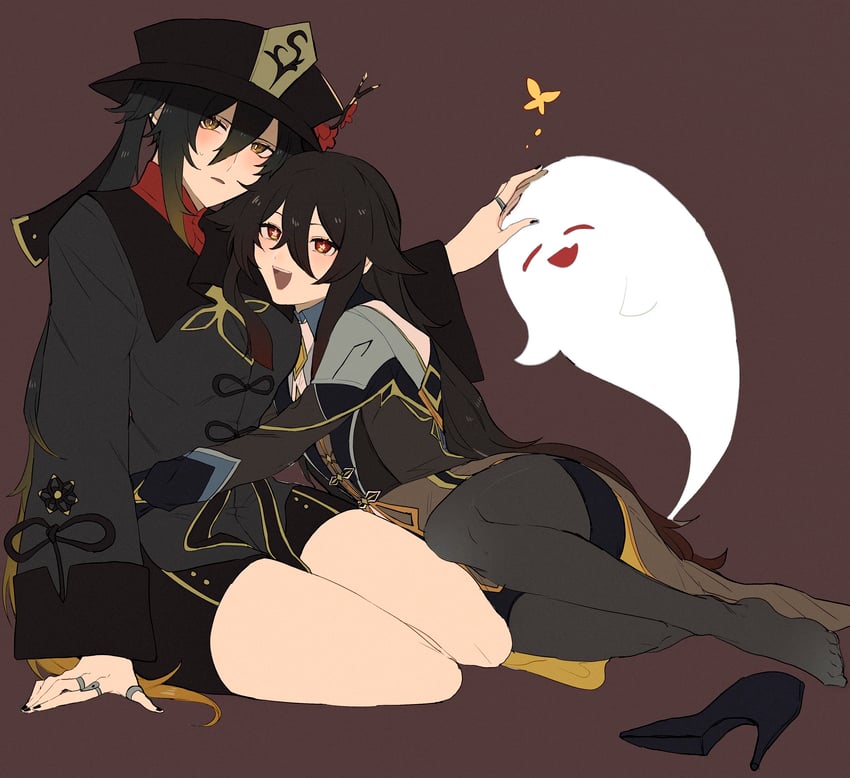 hu tao, zhongli, and boo tao (genshin impact) drawn by aaaaiiku45