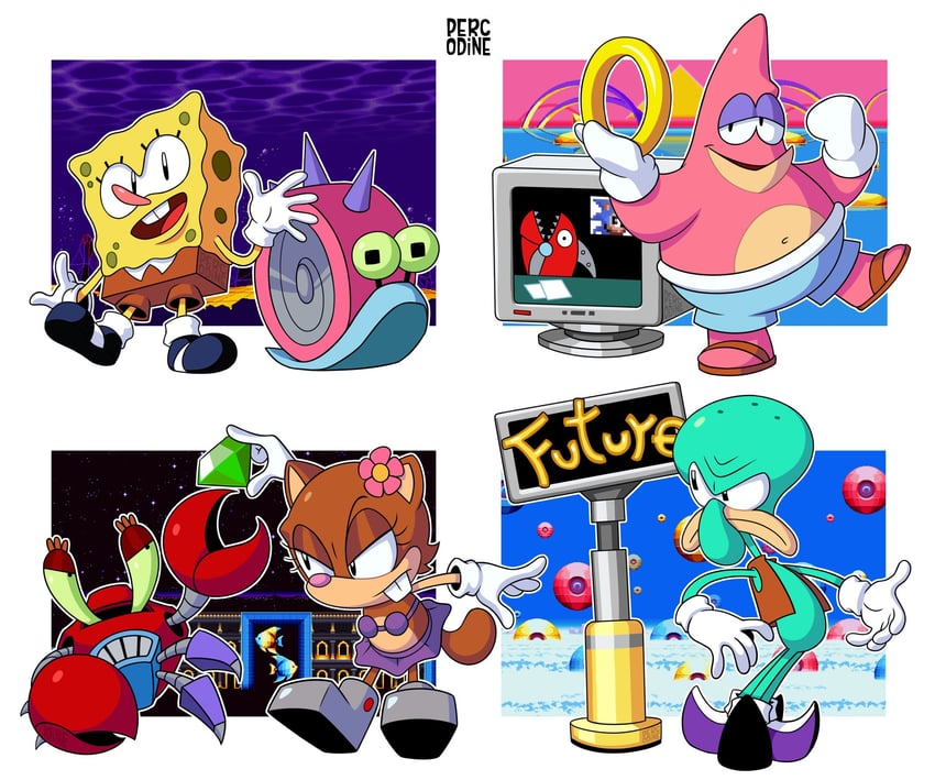 sonic the hedgehog, spongebob squarepants, patrick star, squidward tentacles, mr. krabs, and 4 more (sonic and 3 more) drawn by percodine