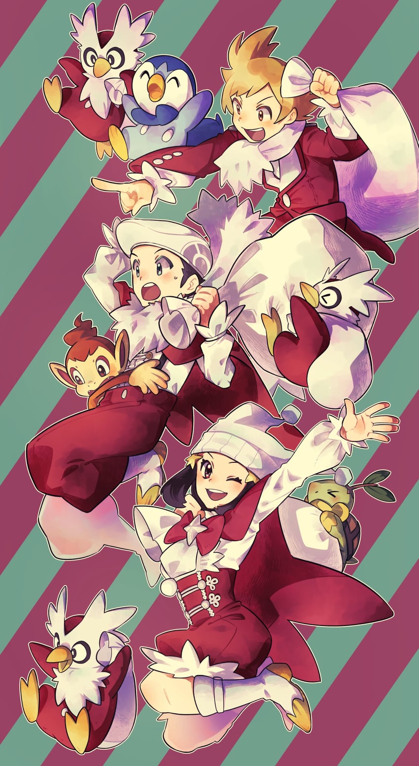 dawn, piplup, lucas, barry, turtwig, and 2 more (pokemon and 1 more) drawn by pkpokopoko3