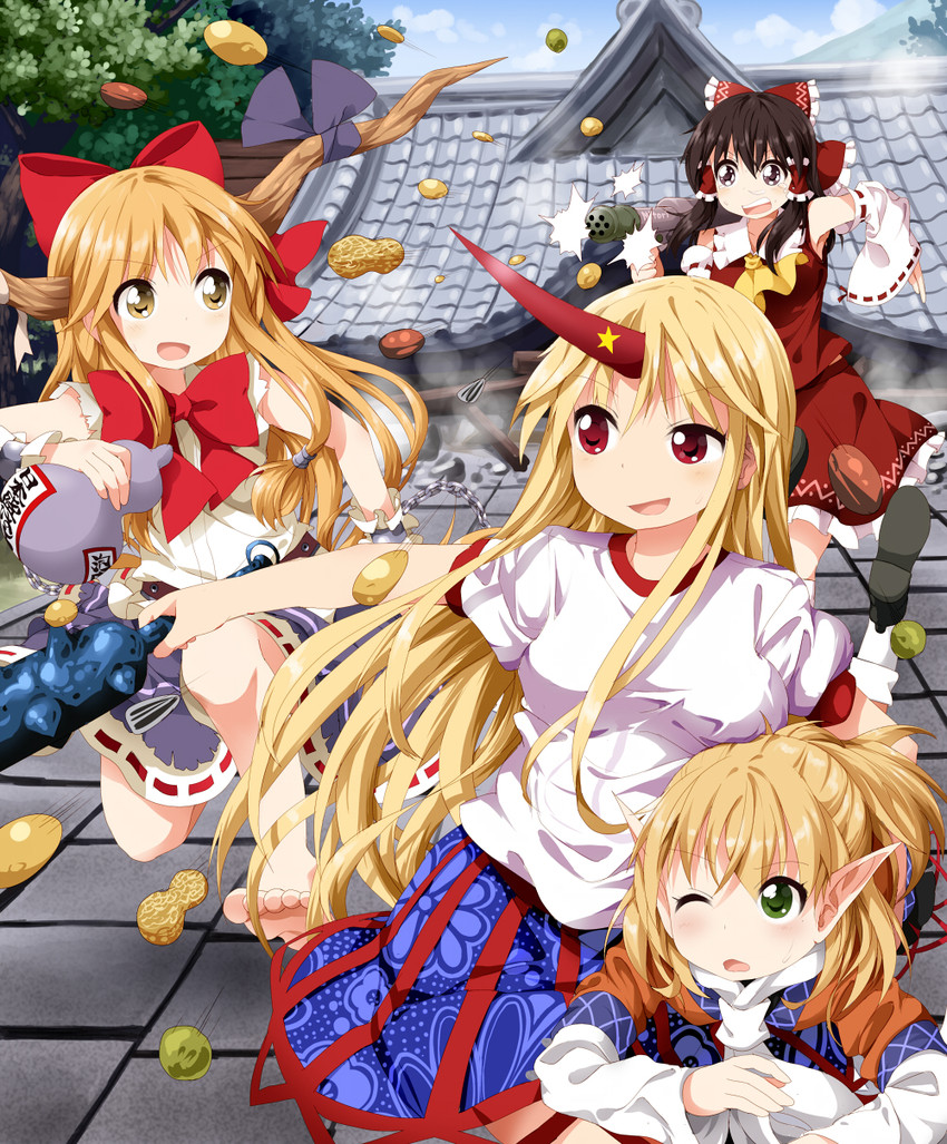 hakurei reimu, ibuki suika, mizuhashi parsee, and hoshiguma yuugi (touhou) drawn by ruu_(tksymkw)