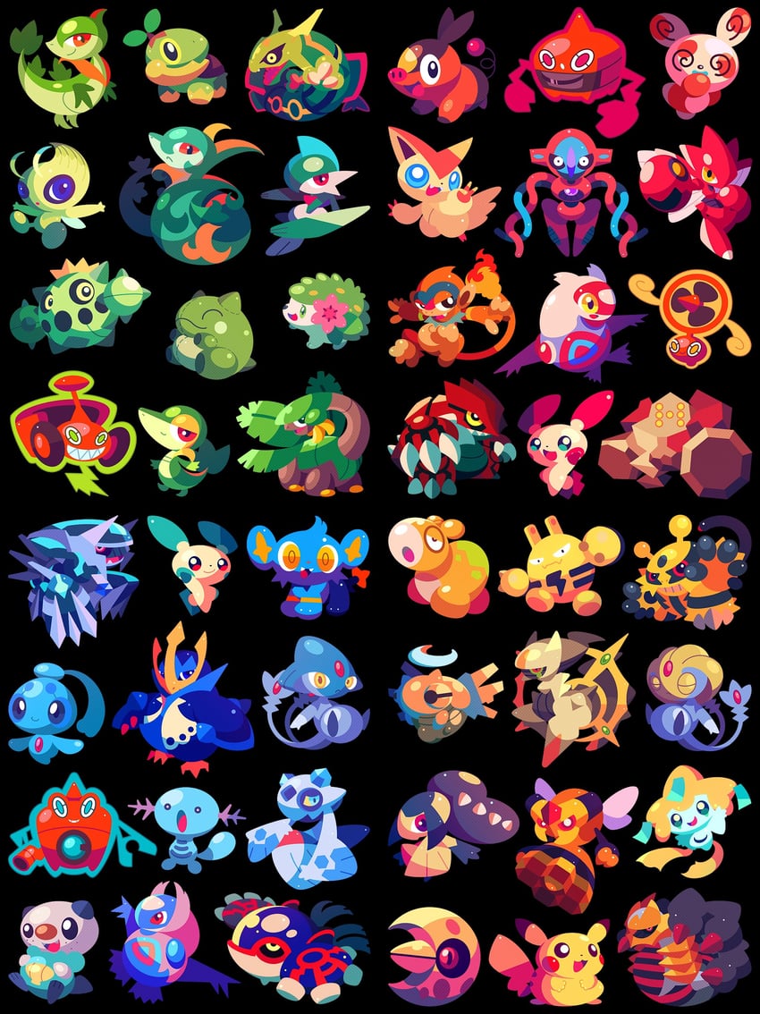 pikachu, rotom, oshawott, snivy, jirachi, and 37 more (pokemon) drawn by shichi_(7cube_ori)