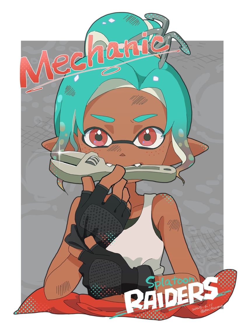 inkling player character, inkling girl, and mechanic (splatoon and 1 more) drawn by raiazuma