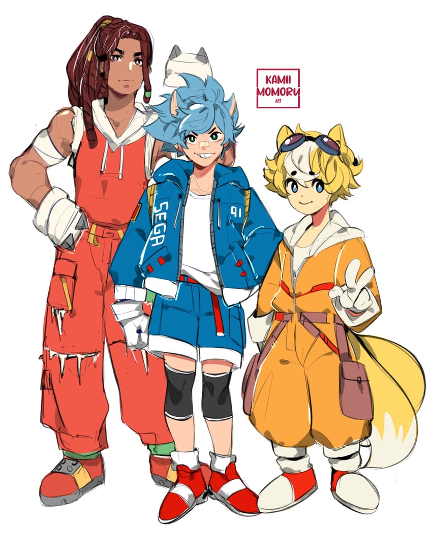 sonic the hedgehog, tails, and knuckles the echidna (sonic) drawn by kamii_momoru