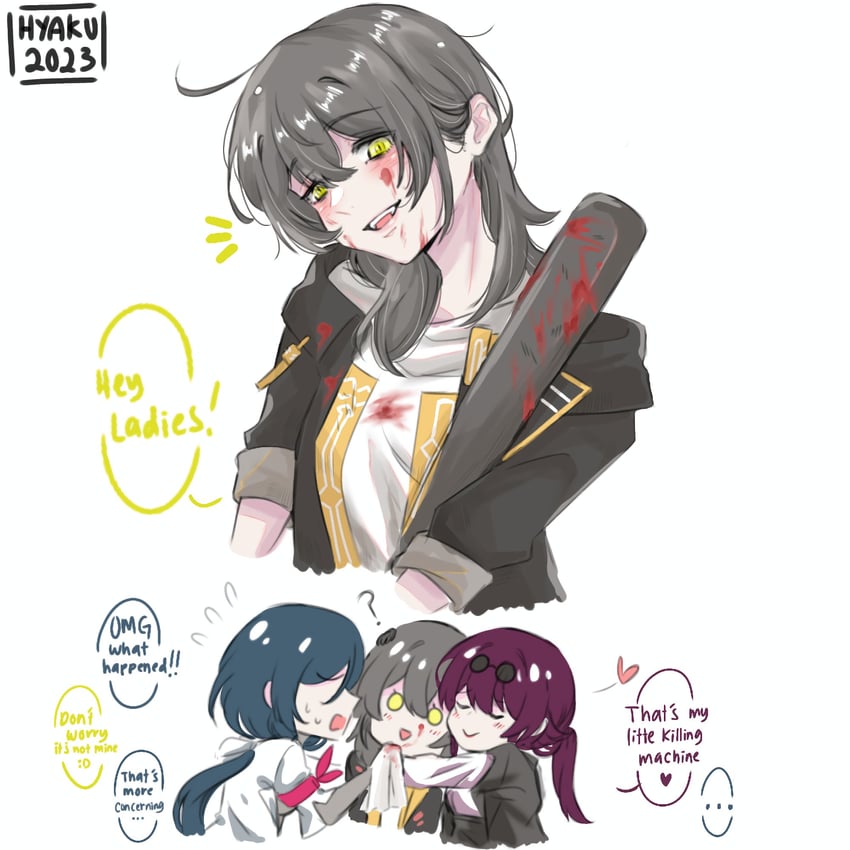 trailblazer, stelle, kafka, and natasha (honkai and 1 more) drawn by hyakunne