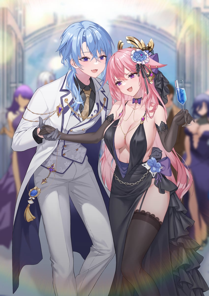 yae miko and kamisato ayato (genshin impact) drawn by kamizo0456