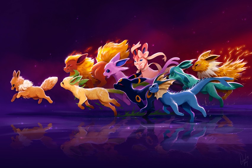 eevee, sylveon, umbreon, glaceon, vaporeon, and 4 more (pokemon) drawn by devin_elle_kurtz