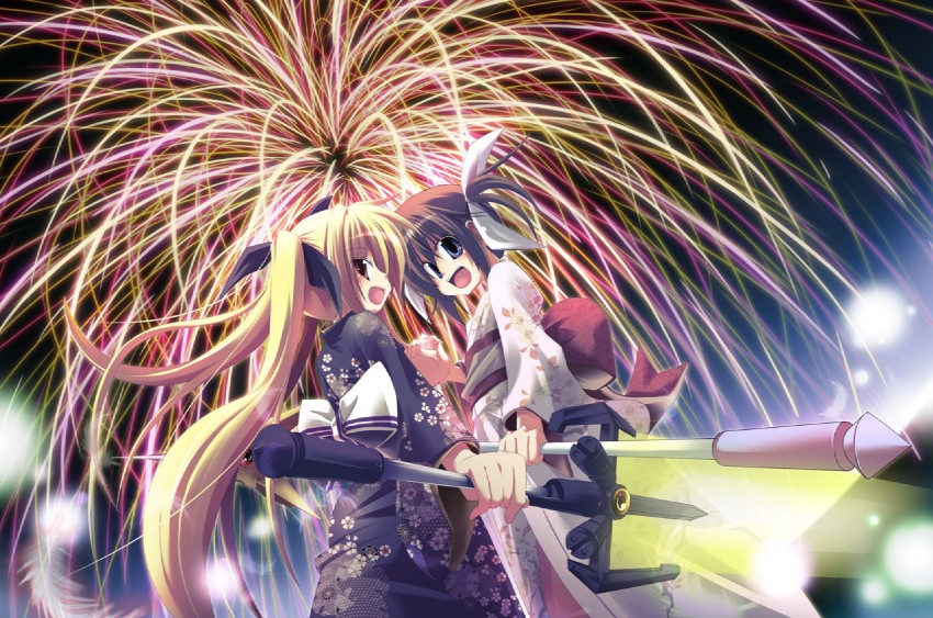 fate testarossa, takamachi nanoha, raising heart, and bardiche (lyrical nanoha and 2 more) drawn by kazekawa_nagi