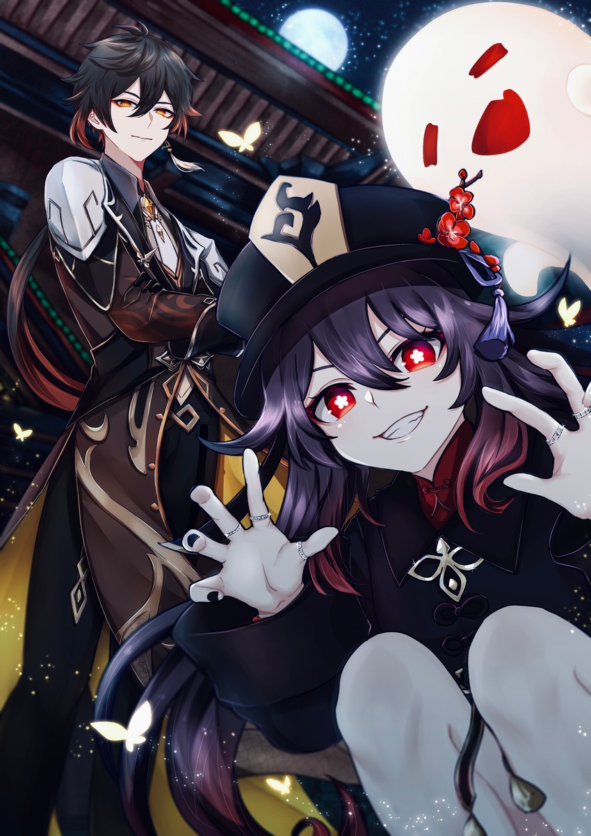 hu tao, zhongli, and boo tao (genshin impact) drawn by rvve