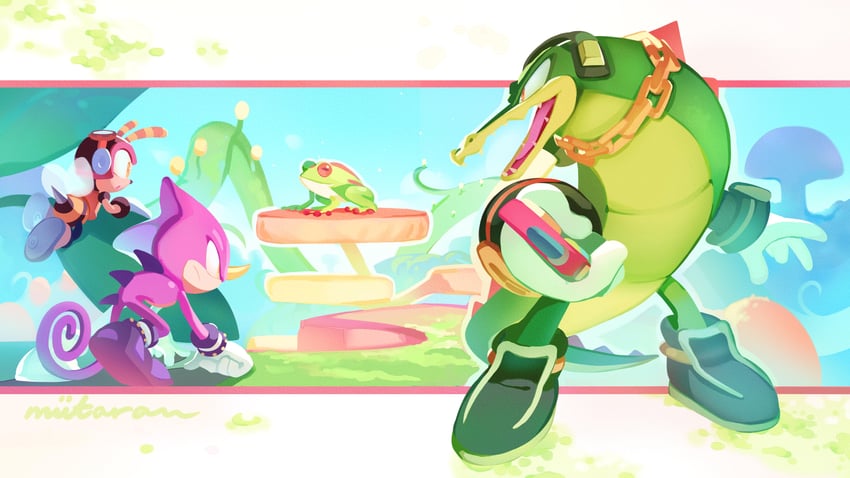 espio the chameleon, vector the crocodile, and charmy bee (sonic and 1 more) drawn by miitara