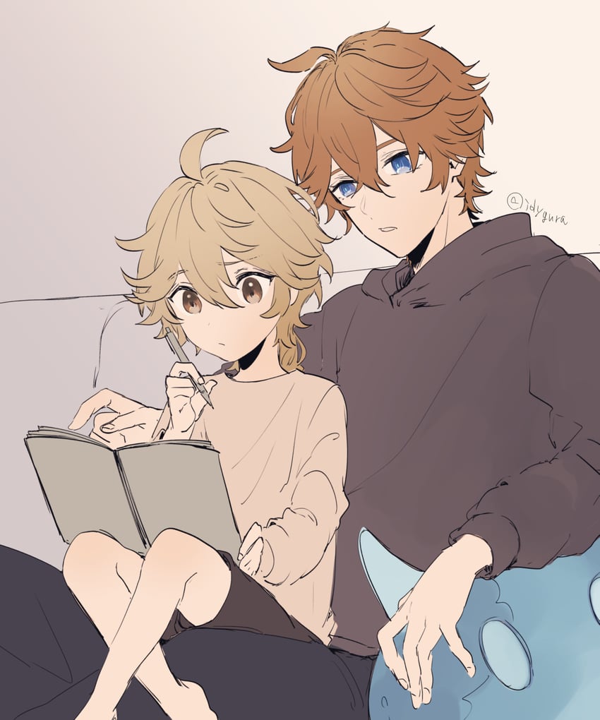 aether and tartaglia (genshin impact) drawn by jolygura