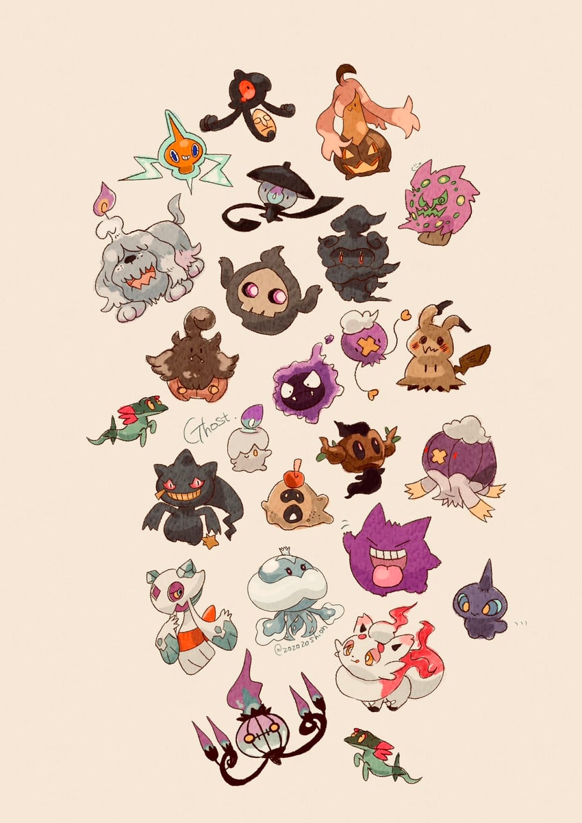 rotom, gengar, mimikyu, litwick, chandelure, and 19 more (pokemon) drawn by zozozoshion