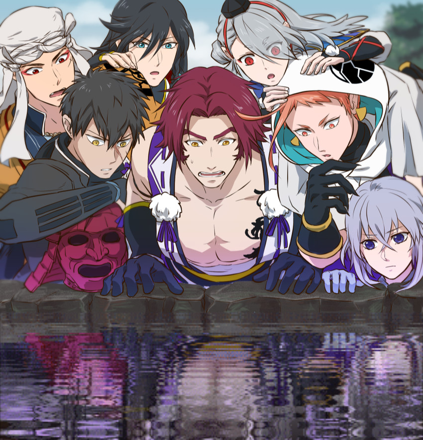 honebami toushirou, izumi-no-kami kanesada, doudanuki masakuni, ima-no-tsurugi, tonbokiri, and 2 more (touken ranbu) drawn by jigoku_meguri
