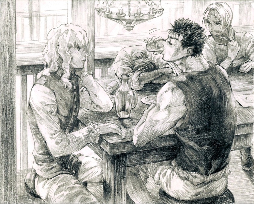 guts, griffith, judeau, and corkus (berserk) drawn by kkuwa