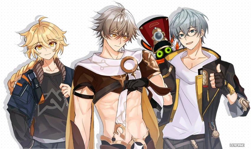 trailblazer, aether, caelus, wise, eous, and 1 more (genshin impact and 4 more) drawn by leafiane