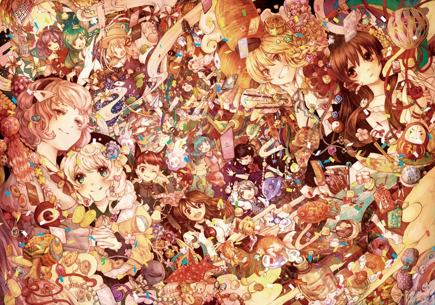 hakurei reimu, kirisame marisa, komeiji koishi, kochiya sanae, komeiji satori, and 9 more (touhou) drawn by hanada_hyou