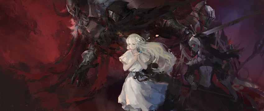 lily, umbral knight, guardian siegrid, knight captain julius, and gerrod the elder warrior (ender lilies quietus of the knights) drawn by blackabu