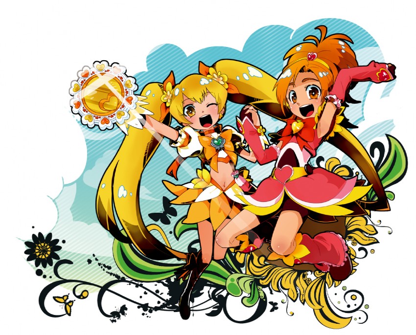 myoudouin itsuki, cure sunshine, hyuuga saki, and cure bloom (precure and 2 more) drawn by sasagawa_kureo