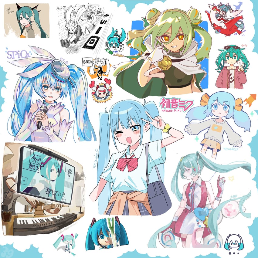 hatsune miku, magical mirai miku, latias, mikudayo, and ground miku (pokemon and 14 more) drawn by kinomi_3030, mishio_(misio_40), nekoko_pjsk, shamotaro_(shamo_toufu), and wawasuke