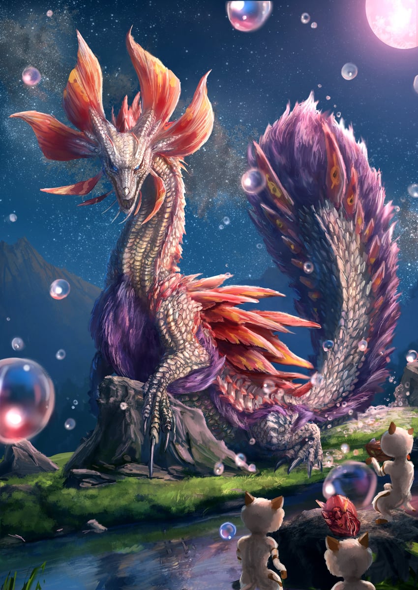 mizutsune and wild felyne (monster hunter and 1 more) drawn by kemonotaro