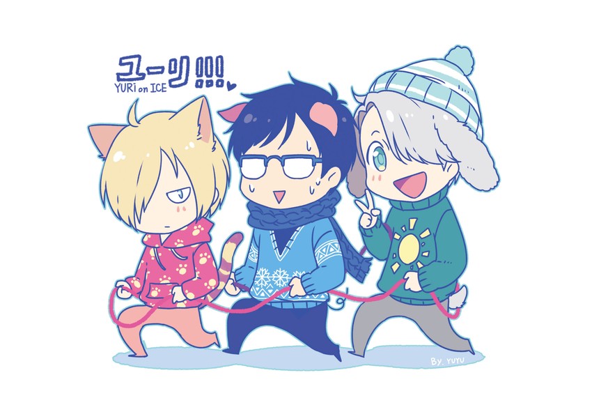 katsuki yuuri, viktor nikiforov, and yuri plisetsky (yuri!!! on ice) drawn by yuyu_(yuyudesu0806)