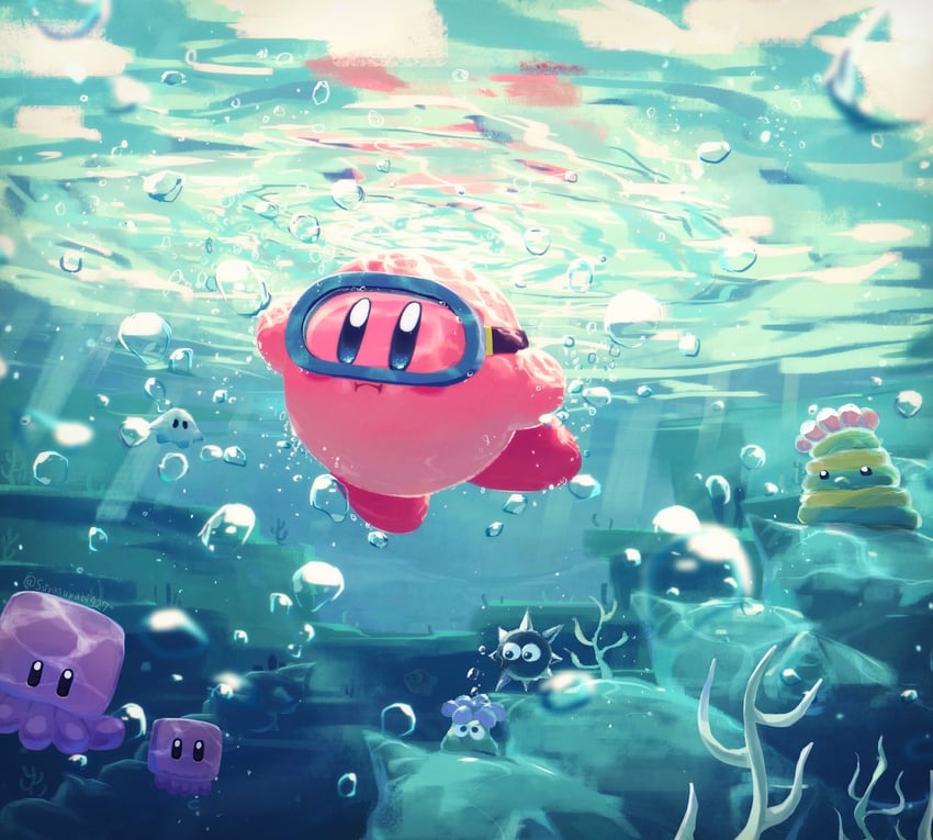 kirby, gordo, blipper, glunk, slushy, and 2 more (kirby) drawn by suyasuyabi