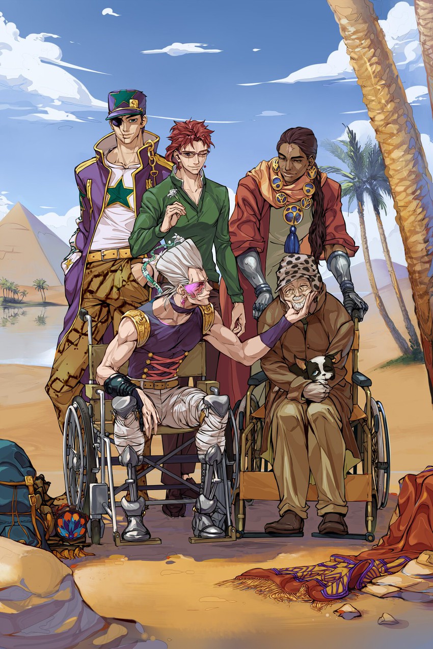 joseph joestar, kujo jotaro, kakyoin noriaki, jean pierre polnareff, mohammed avdol, and 2 more (jojo no kimyou na bouken and 4 more) drawn by alderion-al