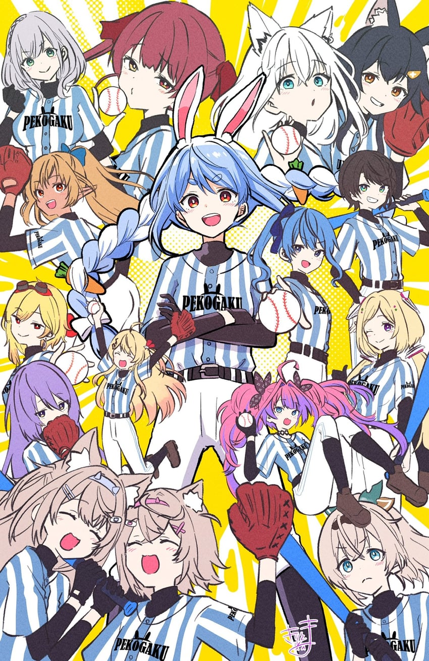 houshou marine, shirakami fubuki, hoshimachi suisei, usada pekora, ookami mio, and 11 more (hololive and 2 more) drawn by kiritoma