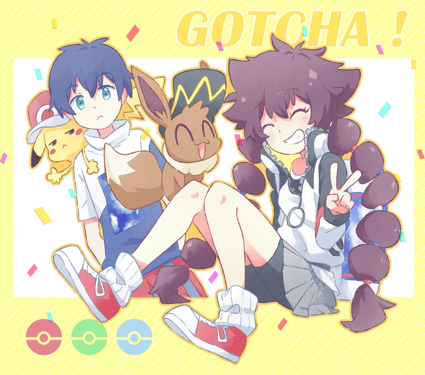 pikachu, eevee, gotcha! girl, and gotcha! boy (pokemon and 1 more) drawn by akasaka_(qv92612)
