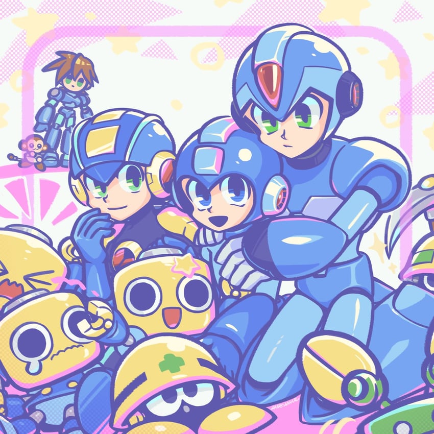 x, mega man, megaman.exe, servbot, mega man volnutt, and 3 more (mega man and 3 more) drawn by laser-lance