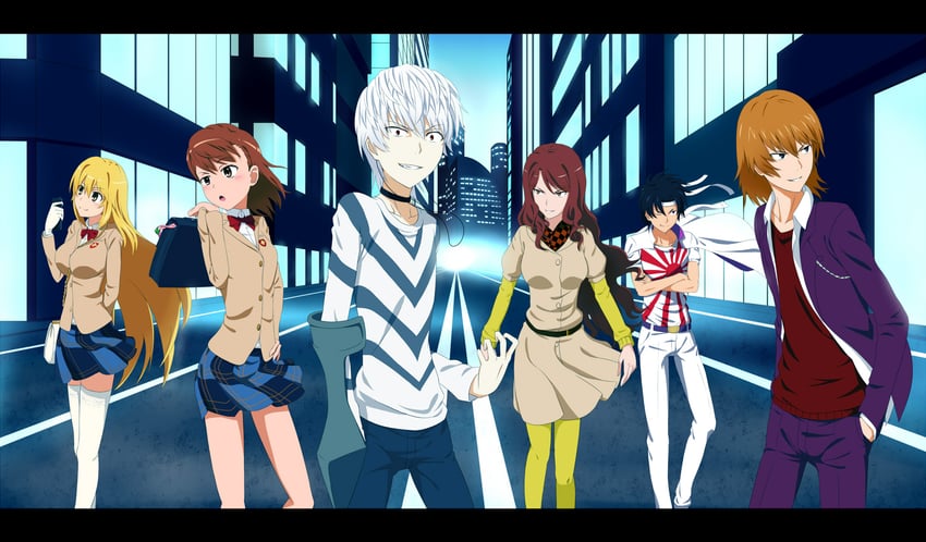 misaka mikoto, shokuhou misaki, accelerator, gekota, mugino shizuri, and 2 more (toaru majutsu no index and 2 more) drawn by jack-barro