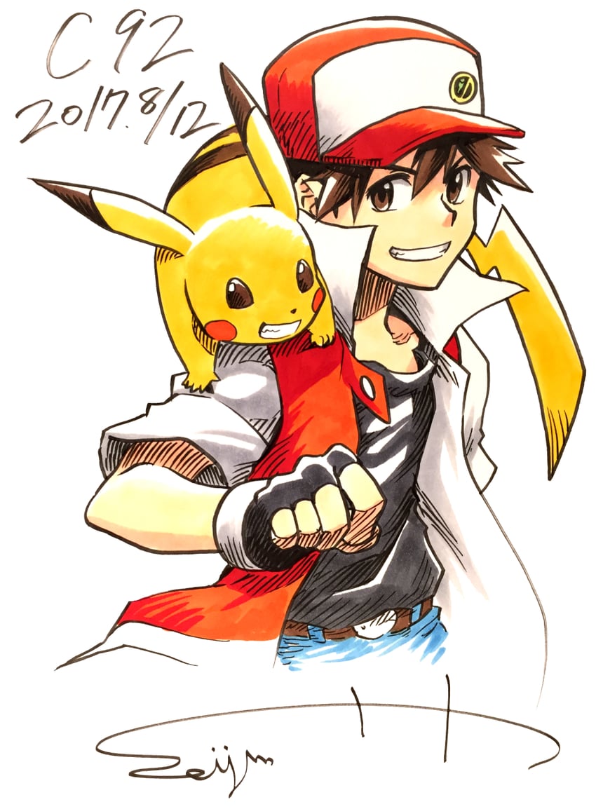 pikachu and red (pokemon and 2 more) drawn by seijun