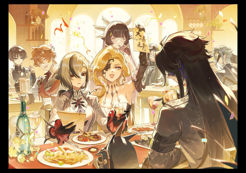 scaramouche, tartaglia, arlecchino, columbina, signora, and 3 more (genshin impact) drawn by dikongzhuangshu