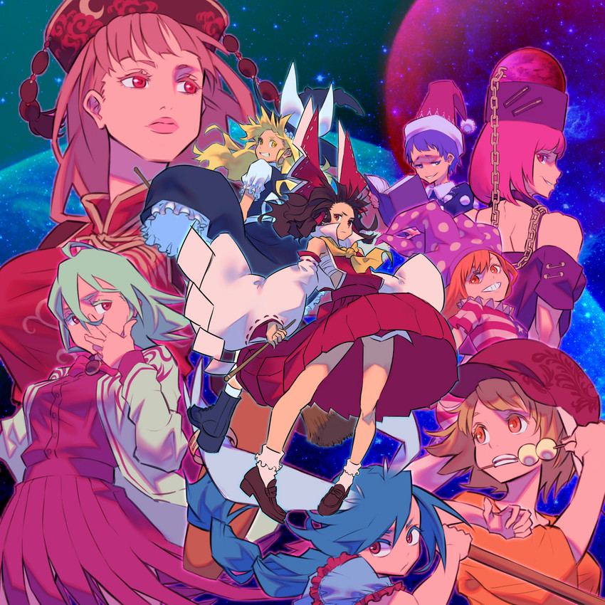 hakurei reimu, kirisame marisa, clownpiece, junko, hecatia lapislazuli, and 4 more (touhou and 1 more) drawn by nanashi_(otaku_rock_n_roll)