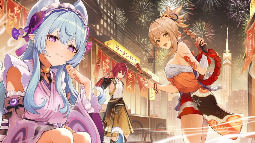 yoimiya, shikanoin heizou, and yumemizuki mizuki (genshin impact) drawn by marumoru