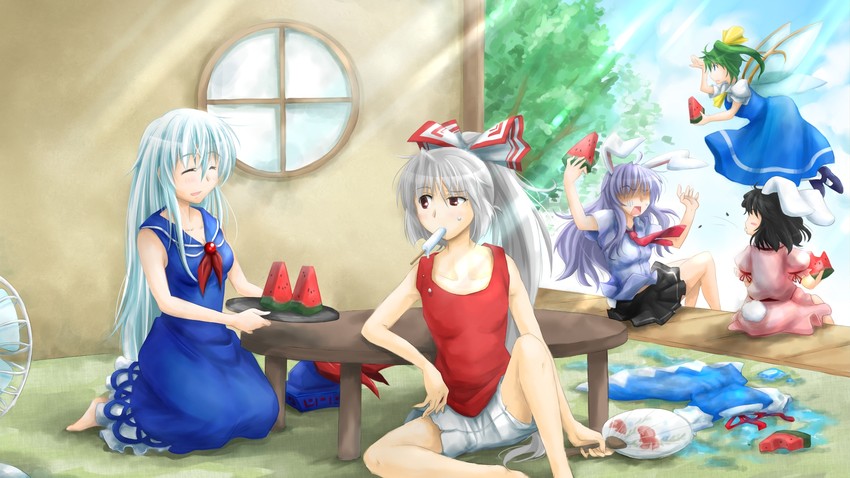 cirno, reisen udongein inaba, fujiwara no mokou, kamishirasawa keine, inaba tewi, and 1 more (touhou) drawn by kitsune_maru