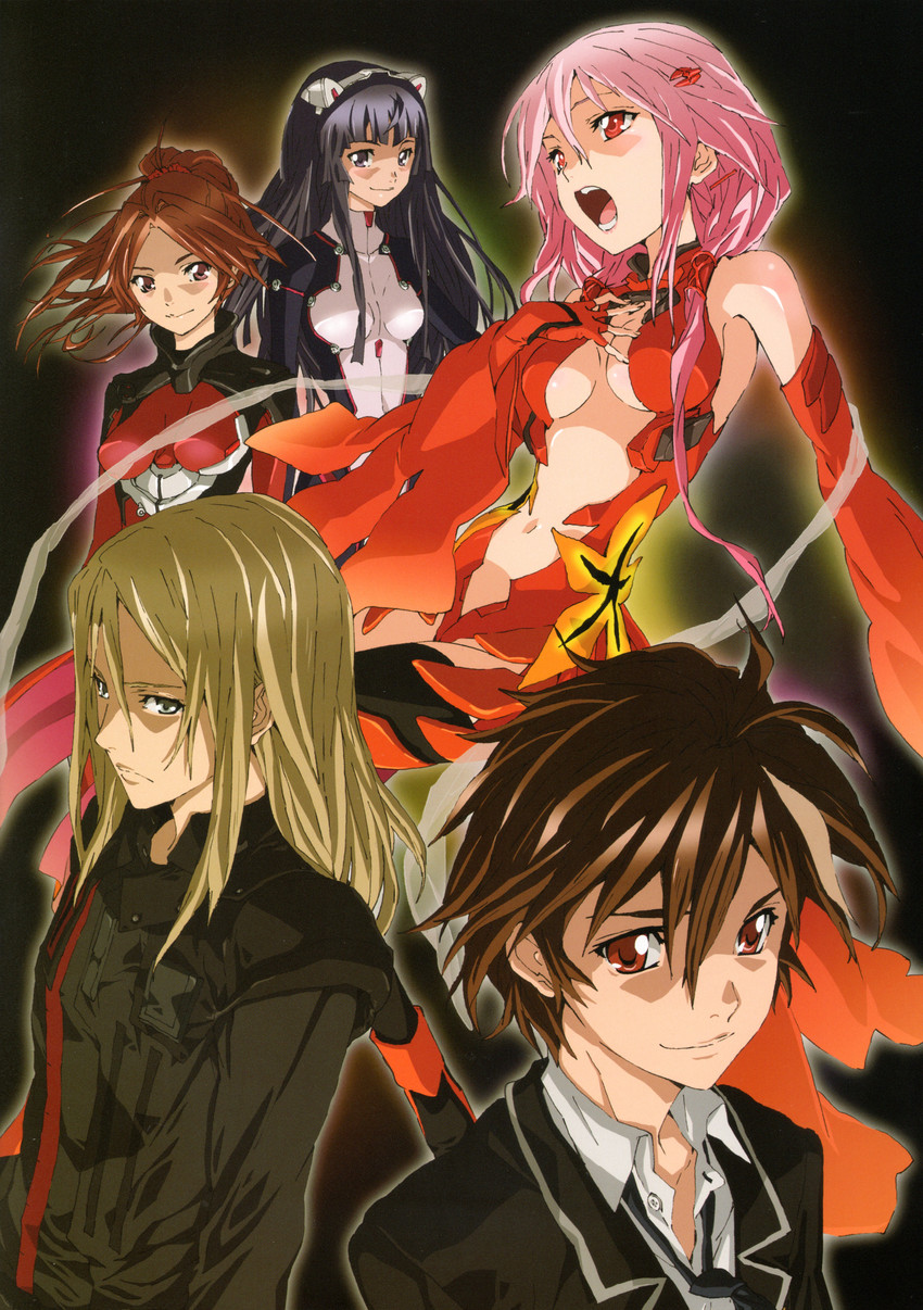 yuzuriha inori, ouma shuu, tsugumi, shinomiya ayase, and tsutsugami gai (guilty crown)
