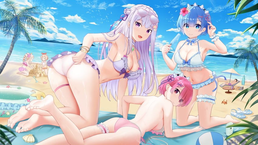 rem, emilia, ram, natsuki subaru, beatrice, and 1 more (re:zero kara hajimeru isekai seikatsu) drawn by laosi_j