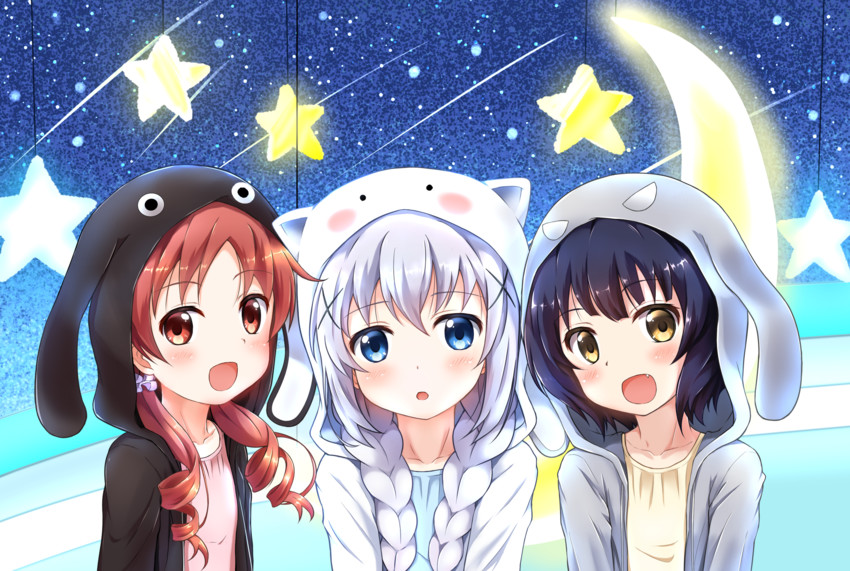kafuu chino, jouga maya, and natsu megumi (gochuumon wa usagi desu ka?) drawn by uneune