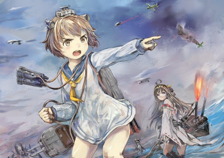 kongou, yukikaze, wo-class aircraft carrier, and ru-class battleship (kantai collection) drawn by rhodomina