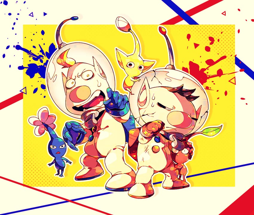 red pikmin, olimar, yellow pikmin, blue pikmin, and louie (pikmin) drawn by shirushiki