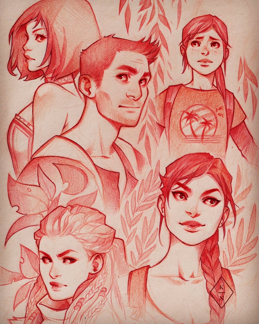lara croft, elizabeth, ellie, aloy, and nathan drake (tomb raider and 6 more) drawn by kasia_nie