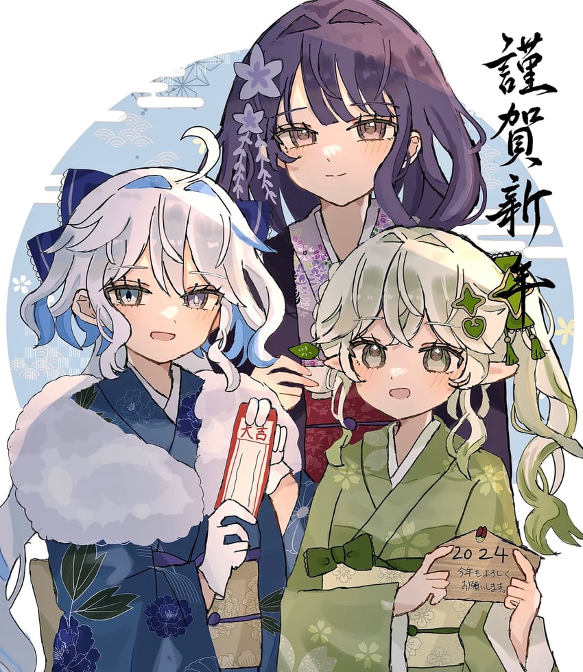 raiden shogun, furina, and nahida (genshin impact) drawn by sayu_(r12_34)