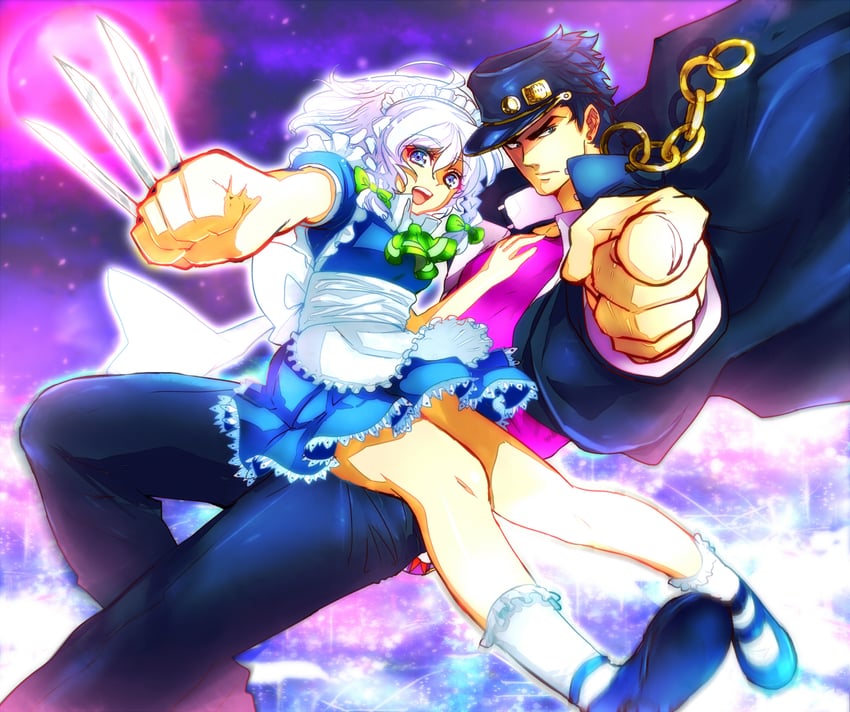 izayoi sakuya and kujo jotaro (touhou and 3 more) drawn by honchu