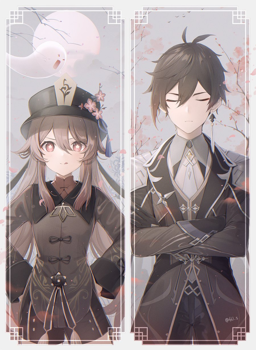 hu tao, zhongli, and boo tao (genshin impact) drawn by 6u_(eternal_land)