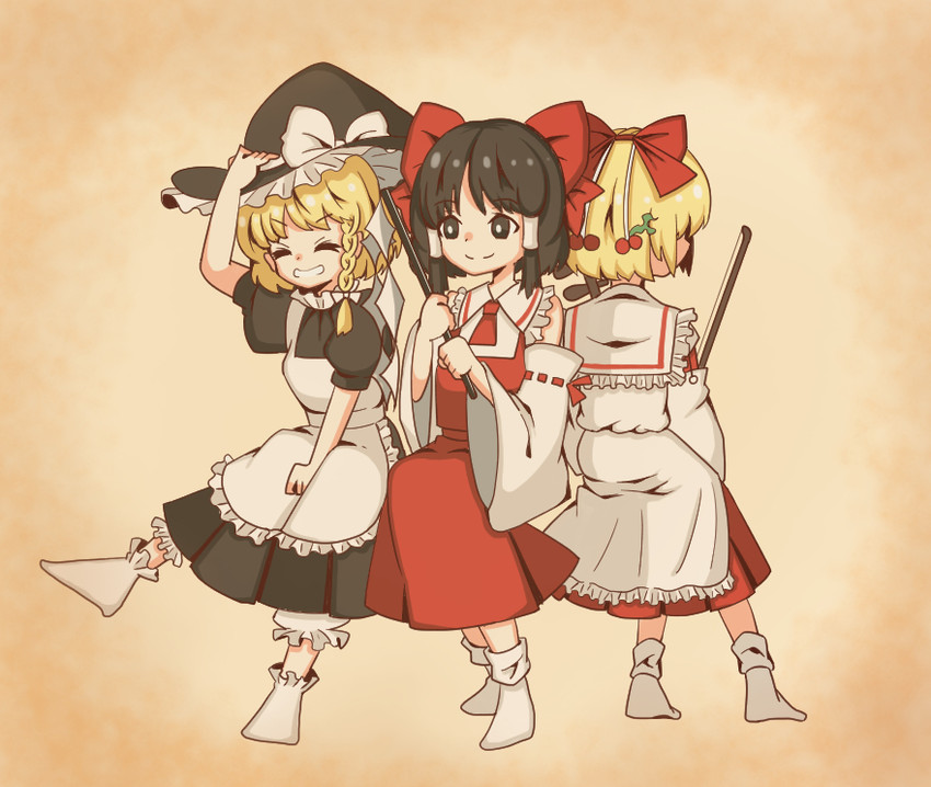 hakurei reimu, kirisame marisa, and satsuki rin (touhou and 1 more) drawn by kumeri0804