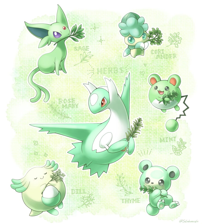 espeon, latios, marill, teddiursa, chansey, and 1 more (pokemon) drawn by sasabunecafe