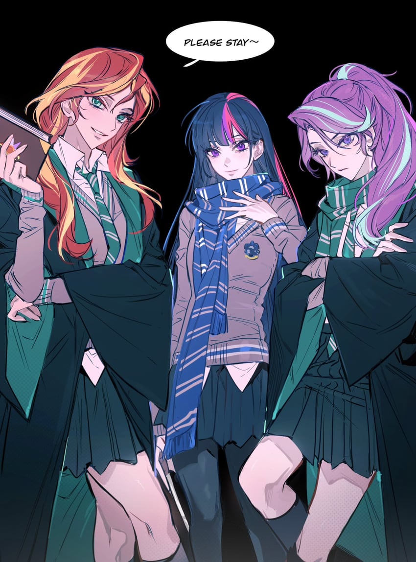 twilight sparkle, sunset shimmer, and starlight glimmer (my little pony and 2 more) drawn by m_omoo